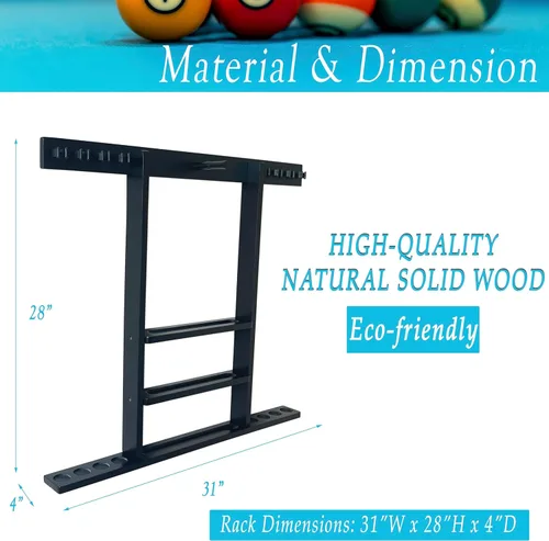 Miniatura 4 de Soporte para taco de piscina de montaje en pared, estante de madera maciza negro para 8 tacos
