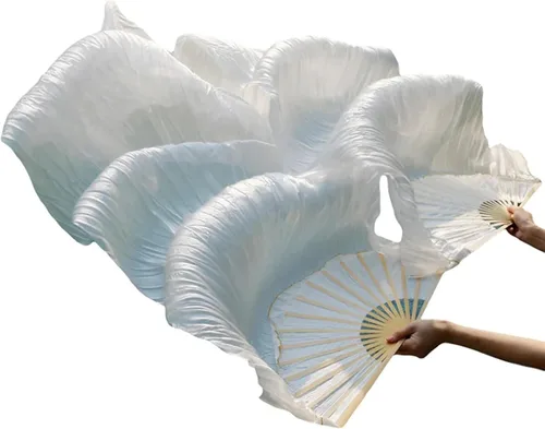 Miniatura 11 de 1 par (izquierdo + derecho) de abanicos de seda artificial de bambú para danza del vientre, abanicos de tela coloridos para danza, abanicos largos