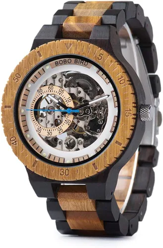 Miniatura 9 de BOBO BIRD Reloj mecánico automático de madera para hombre, personalizable, reloj de pulsera de madera de lujo para hombre
