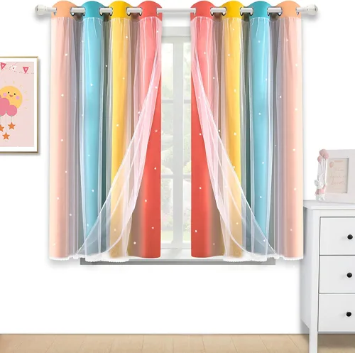 Miniatura 14 de Cortinas opacas con recorte de estrellas y arcoíris para guardería/habitación de niños/niñas, con superposición de tul, 2 paneles, cada una de 52
