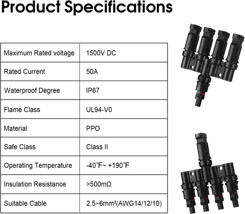 Miniatura 2 de 4 a 1 conectores de panel solar T conectores de rama acoplador divisor de cable 1 macho a 4 hembra (M/4F) y 1 hembra a 4 macho (F/4M) para conexión