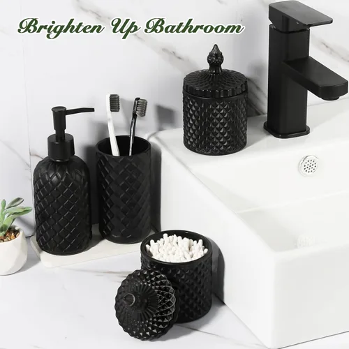 Miniatura 5 de RYTOXILO Juego de accesorios de baño negro mate, paquete de 4 juegos de accesorios de baño negros, dispensador de jabón de vidrio de diamante
