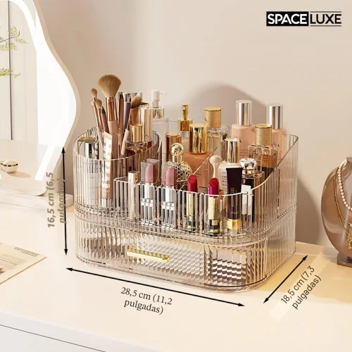 Miniatura 5 de Organizador de maquillaje SpaceLuxe con cajones y soporte giratorio de 360°, almacenamiento cosmético de gran capacidad para tocador, cuidado