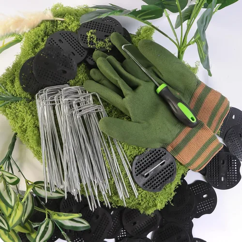 Miniatura 7 de Paquete de 200 estacas de jardín de 6 pulgadas, paquete de 100 estacas galvanizadas en forma de U de calibre 11, 100 juntas con martillo y par
