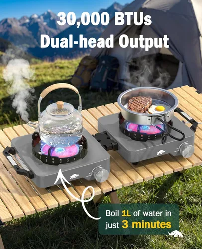 Miniatura 2 de Estufa de campamento con 2 quemadores de propano, 30,000 BTU plegable con rejillas resistentes al viento y sartén, estufas de camping portátiles