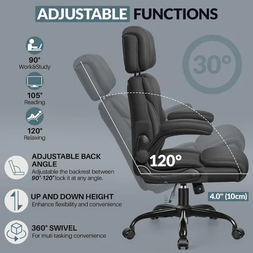 Miniatura 6 de Silla de oficina, silla ergonómica grande y alta para escritorio de computadora con reposacabezas ajustable retráctil, silla ejecutiva de cuero