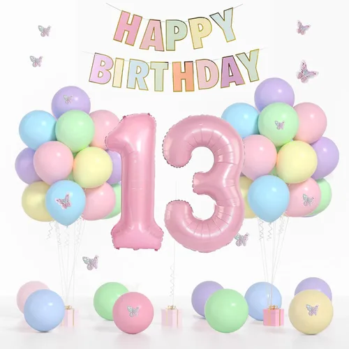 13th Birthday Decorations For Girls -12 Inch Pastel Balloons, 32 Inch Pink 13 Balloon, 3D Butterflies Stickers, Happy Birthday Banner For Teen Girl