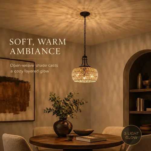 Miniatura 2 de Lámpara de araña bohemia de granja de 12.6 pulgadas para comedor, lámpara de ratán de 3 luces con pantalla tejida, iluminación colgante costera