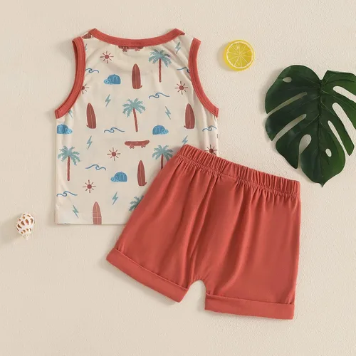 Miniatura 70 de Ropa de bebé niño sin mangas + pantalones cortos con estampado a rayas con bolsillos, 2 piezas de trajes de verano