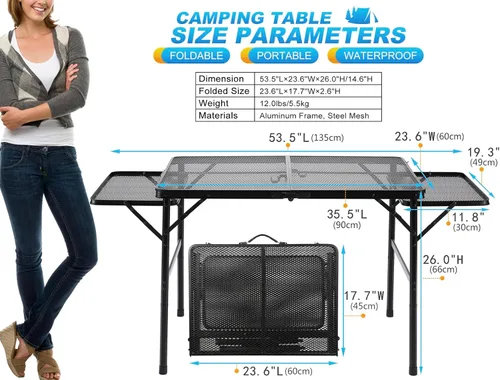 Miniatura 2 de Mesa de camping plegable grande – Mesa de parrilla de malla metálica con 2 paneles de alas 2 alturas ajustables Mesa grande de picnic y al aire