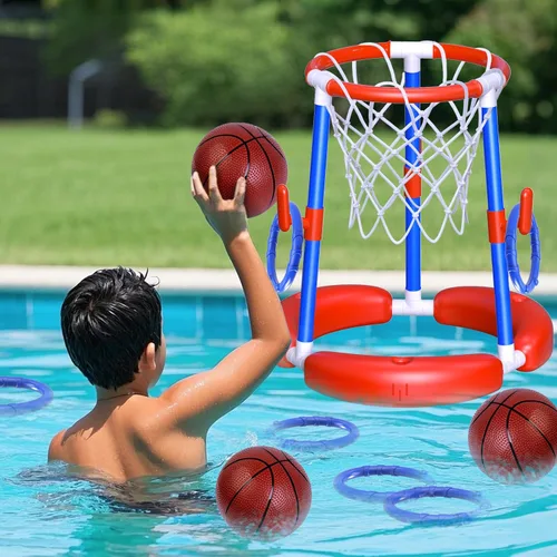 Miniatura 10 de AuroTops Aro de baloncesto para piscina, aro de baloncesto flotante 2 en 1 para juegos de piscina y juegos de lanzamiento de anillos para niños