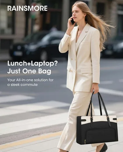 Miniatura 7 de RAINSMORE Bolsa para portátil 2 en 1 con compartimento de almuerzo aislado para mujeres, bolsa de trabajo de piel sintética de 15.6 pulgadas
