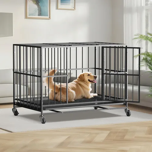 Miniatura 6 de Jaula de acero resistente de 38 pulgadas para perros, a prueba de escape, para interiores, doble puerta, alta ansiedad, bandeja extraíble, jaula
