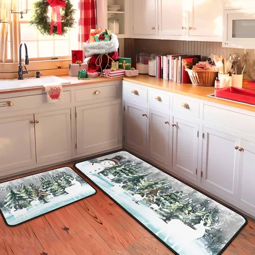 Miniatura 3 de Juego de 2 tapetes de cocina verdes de Navidad, decoración de Navidad antideslizante, ciervo, muñeco de nieve, alfombras de cocina de invierno
