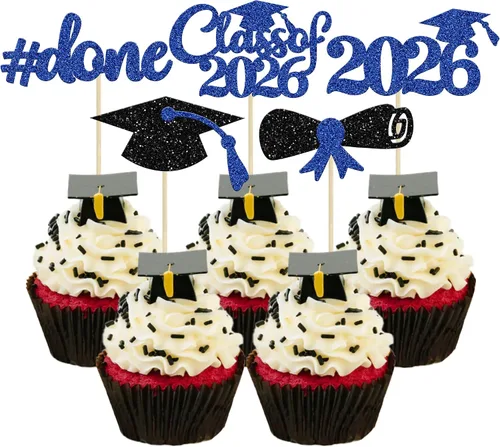 Miniatura 29 de Gyufise 24 piezas Adornos para pastel de graduación 2026 con purpurina negra, clase de 2026, adornos para magdalenas con gorra de graduación