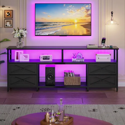 Miniatura 7 de JUSTOGO Soporte de TV con cajones de tela para TV de 65, 70, 75 pulgadas, centro de entretenimiento con estante de almacenamiento abierto, tomas