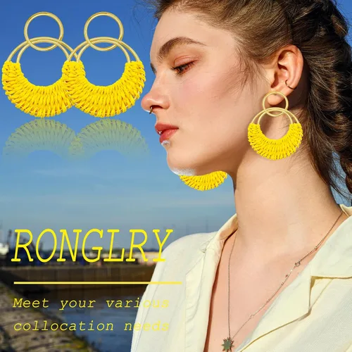 Miniatura 3 de Ronglry Aretes bohemios de ratán de rafia para mujeres y niñas, ligeros, hechos a mano, de mimbre trenzado, grandes, divertidos, modernos, regalos