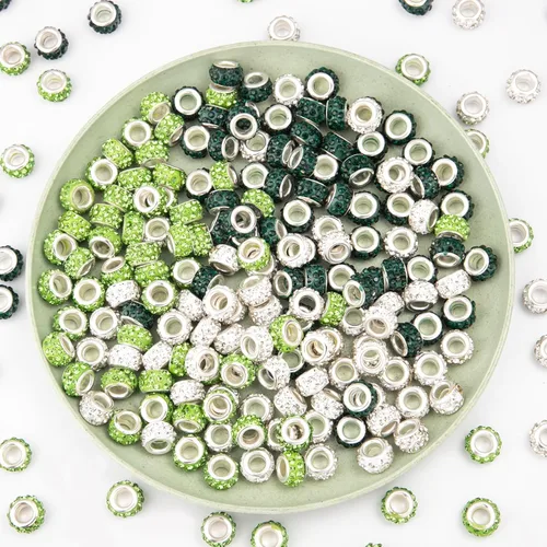 Miniatura 5 de ZYEHXED 200 cuentas espaciadoras europeas de agujeros grandes, cuentas verdes europeas para manualidades con diamantes de imitación, cuentas