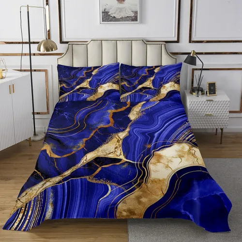 Miniatura 2 de Erosebridal Juego de edredón de mármol azul morado tamaño Queen, juego de colcha con estampado de grietas de mármol dorado para niños, juego