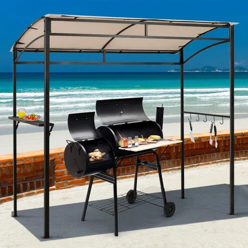 Miniatura 2 de Tangkula Cenador de parrilla de 7 pies, toldo para barbacoa de patio con estante para servir y ganchos de almacenamiento, refugio curvado con marco