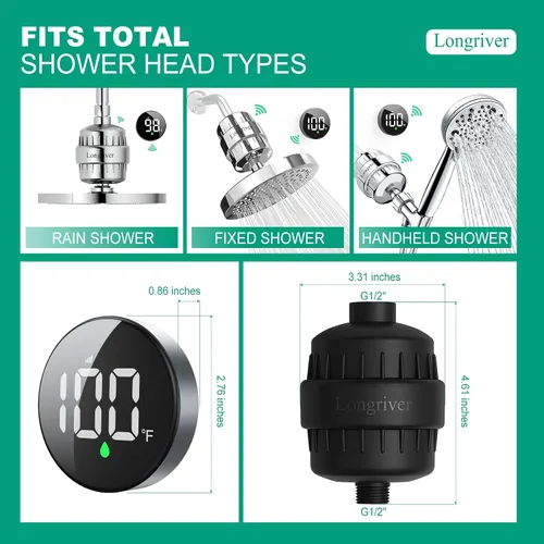 Miniatura 5 de Tem8(R7Pro) Accesorio de filtro de ducha de baño con pantalla de temperatura inalámbrica Purificador de agua dura 99.99% elimina cloro y metales