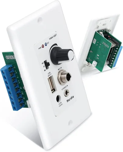 Herdio Amplificador Bluetooth de pared de 4 canales Control de volumen Placa de pared USB/MIC/AUX (3.5mm) Entradas Conecta 4 altavoces con fuente de
