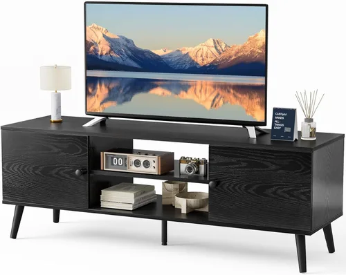 Sweetcrispy Soporte de TV para TV de 55 y 60 pulgadas, moderno centro de entretenimiento de mediados de siglo con almacenamiento, mesa consola