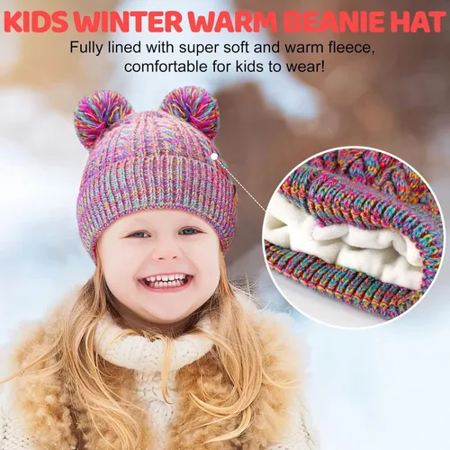 Miniatura 5 de Winter Hat for Kids Toddler Children, Girls Beanie with Double Pom Pom Warm Fleece Lined, Girls Accessories Knit Beanies Cap