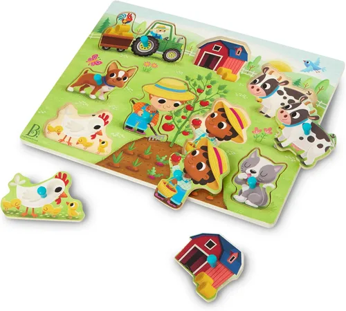 Miniatura 14 de B. toys Peek & Explore Puzzle 4 – Pack – Juguetes de madera para niños pequeños – 8 piezas cada uno – Vehículos, camiones, animales, corral – 2+ años