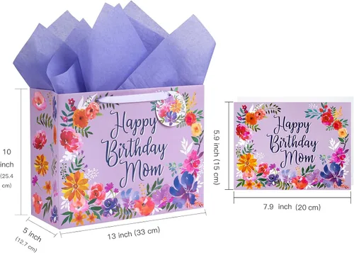 Miniatura 2 de WRAPAHOLIC Bolsa grande de regalo de cumpleaños para mamá de 13 pulgadas con tarjeta y papel de seda, elegante diseño floral con diseño de feliz