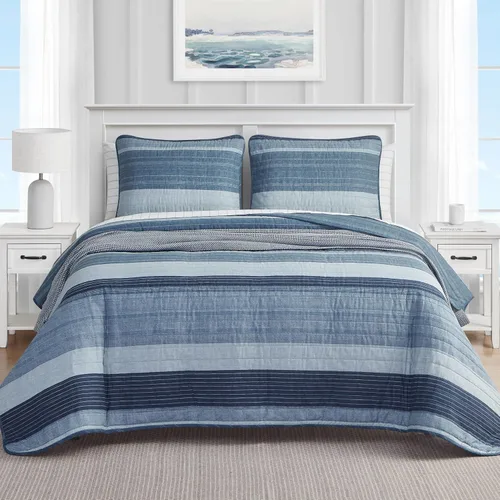 Miniatura 10 de Nautica Juego de edredón tamaño Queen, ropa de cama reversible con fundas a juego, juego de cama ligero para decoración de habitación a rayas