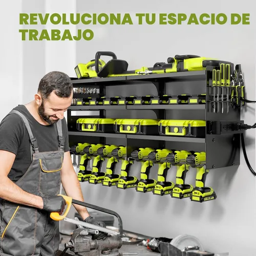 Miniatura 5 de POKIPO Organizador grande de herramientas eléctricas de montaje en pared con estación de carga, 4 capas de metal resistente para almacenamiento