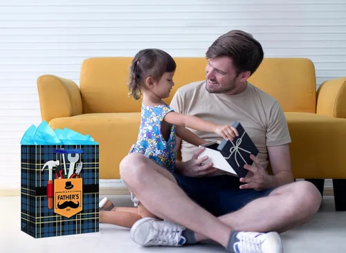 Miniatura 3 de WaaHome Bolsa de regalo para el día del padre para papá, con papel de seda y asa, 13 x 10.5 x 5.8 pulgadas, bolsa de regalo grande azul para el día