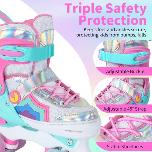 Miniatura 4 de BELEEV Patines de ruedas para niñas, 4 tamaños ajustables con 8 ruedas LED iluminadas y cordones de zapatos, seguros y divertidos para niños