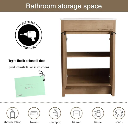 Miniatura 4 de Malwee Tocador de baño independiente de 24 pulgadas con lavabo, tocador de baño de pie de 24'', tocador moderno con 2 puertas y encimera de lavabo