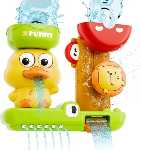 iPlay, iLearn Juguete de baño para niños pequeños de 1 a 3 años, juguete de bañera de pato con ventosa, juego de bañera para niños, juego de ducha