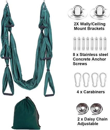 Miniatura 3 de Kit de hamaca de yoga para trapecio aéreo, ultra fuerte, antigravedad para yoga, volador, juego de herramientas de columpio de inversión Verde