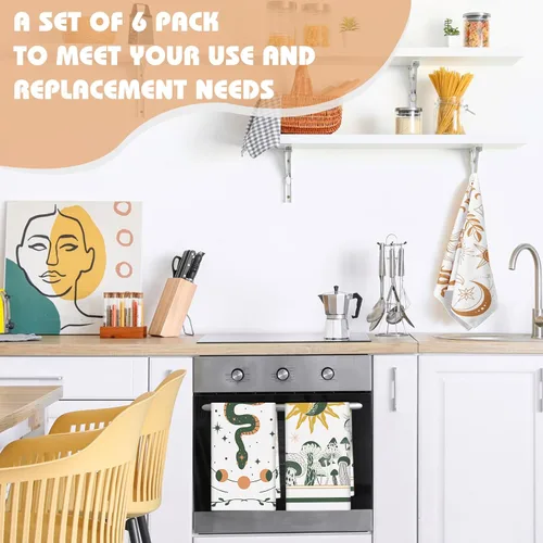 Miniatura 4 de Zubebe Paquete de 6 toallas de cocina bohemias de 18 x 28 pulgadas, toallas de cocina absorbentes con diseño de hongos y luna celestial, regalos