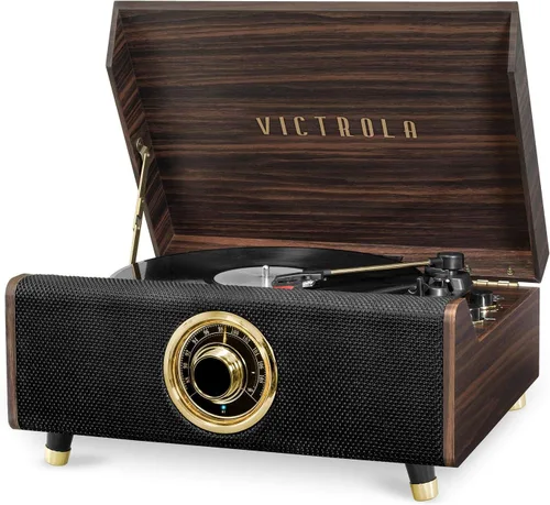 Victrola Highland - Reproductor de discos Bluetooth 4 en 1 con altavoces, reproductor de discos de vinilo de 3 velocidades, radio FM y auxiliar de