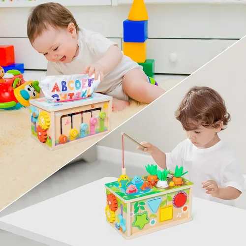 Miniatura 2 de Ancaixin Cubo de Actividad de 6 en 1 de Caja de Tejidos Montessori para Bebés de 6+ Meses, Cubo de Actividad de Madera, Rompecabezas para 12-18