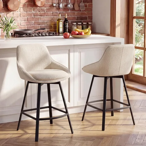 Flouki Juego de 2 taburetes giratorios para mostrador, taburetes de bar beige para isla de cocina, sillas de barra de tela de lino modernas, base de
