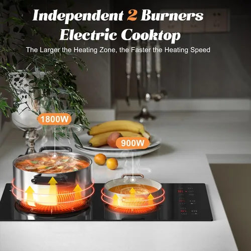 Miniatura 5 de Placa de Cocción Eléctrica de 2 Quemadores – 2000W 12 Pulgadas Superficie de Cocina Eléctrica Empotrable y de Encimera, 110V Placa de Cocción