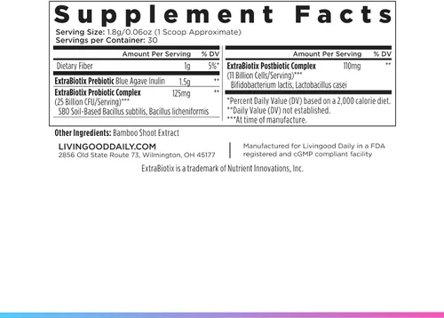 Miniatura 7 de Livingood Daily Pre Pro Post Biotics Mezcla en polvo, suplemento de salud digestiva con prebióticos de inulina de agave azul orgánico, probióticos