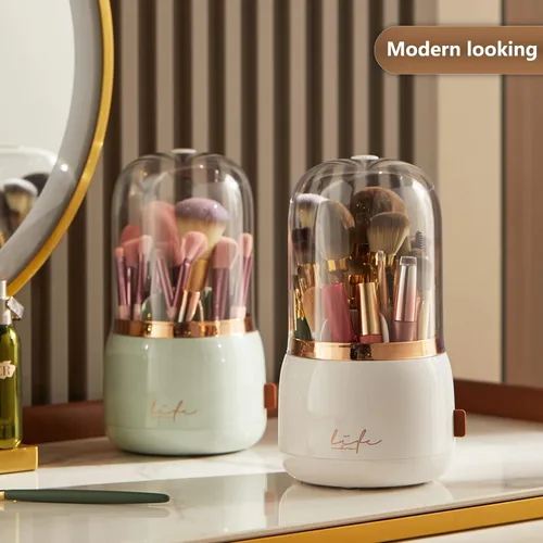 Miniatura 6 de Organizador de brochas de maquillaje con tapa, organizador giratorio a prueba de polvo para brochas de maquillaje con cubierta acrílica transparente