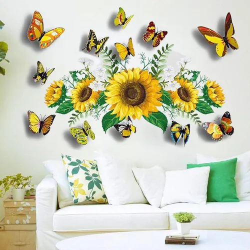 Miniatura 6 de Calcomanías de pared de girasol con mariposa 3D, calcomanías de pared de flores amarillas, SPRT impermeable y extraíble, calcomanías de pared