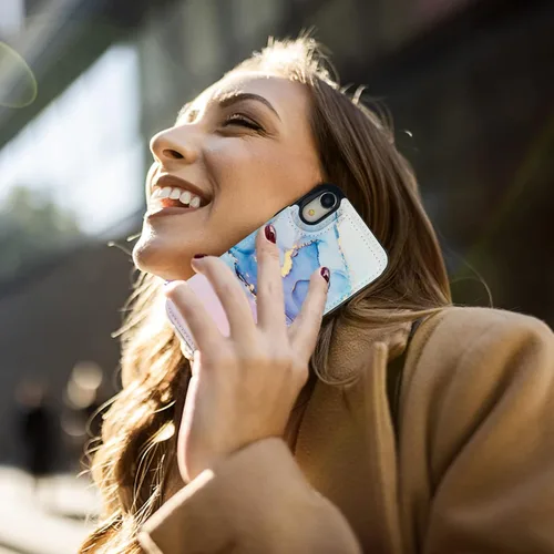 Miniatura 6 de HAOPINSH Funda tipo cartera para iPhone XR con tarjetero, diseño de mármol rosa y azul en la parte trasera, de piel sintética, con ranuras