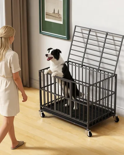 Miniatura 5 de Jaula para perros resistente de 38 pulgadas con puertas dobles y ruedas con cerradura, perrera grande para interiores, bandeja extraíble para una