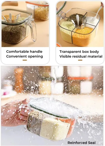 Miniatura 3 de Caja transparente de marca, juego de recipientes sellados de 4 compartimentos con tapa, cubierta y cucharas de servir, tarros de plástico