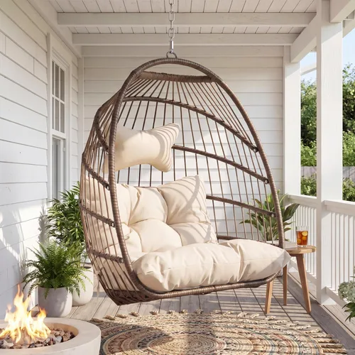 Miniatura 12 de Bulexyard Silla huevo al aire libre sin soporte, 159 kg plegable resistente al clima de ratán colgante con cojín, asiento tipo cesta mecedora Gris