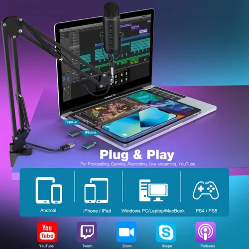 Miniatura 2 de ZealSound Micrófono de podcast con brazo de brazo, micrófono USB con reducción de ruido, silencio, eco y control de volumen, monitoreo de latencia